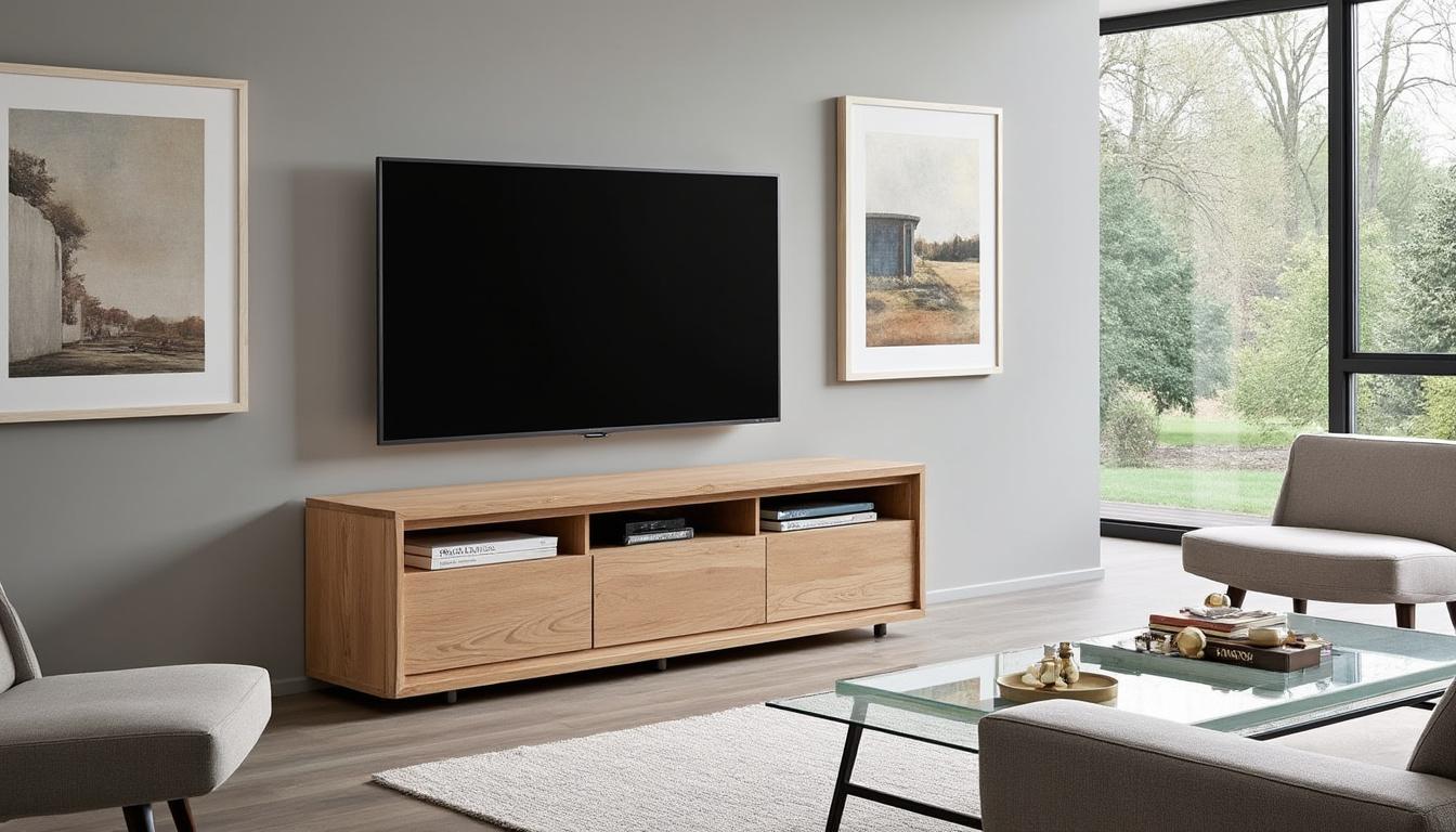 découvrez le meuble tv forum 9837patv en chêne dakota, un incontournable des tendances déco. alliant élégance et praticité, ce meuble apporte une touche moderne et chaleureuse à votre intérieur, tout en offrant un espace de rangement optimal pour tous vos équipements audiovisuels.