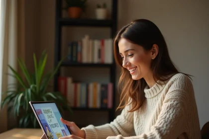 Femme utilisant une tablette pour envoyer une carte d'anniversaire animée numérique depuis son bureau à domicile