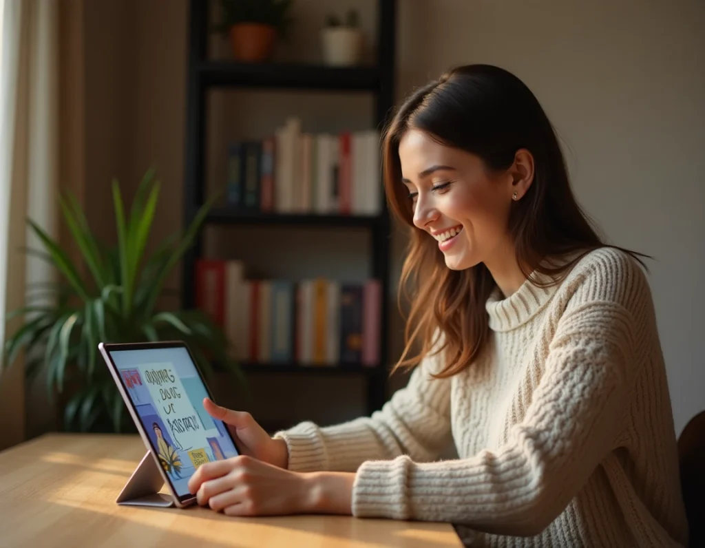 Femme utilisant une tablette pour envoyer une carte d'anniversaire animée numérique depuis son bureau à domicile