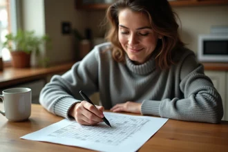 Femme concentrée en train de remplir une grille de mots fléchés sur une table en bois avec un stylo noir