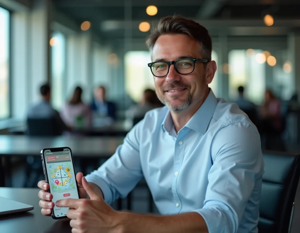 Homme en entreprise recevant une cybercarte animée sur son smartphone dans un open space moderne