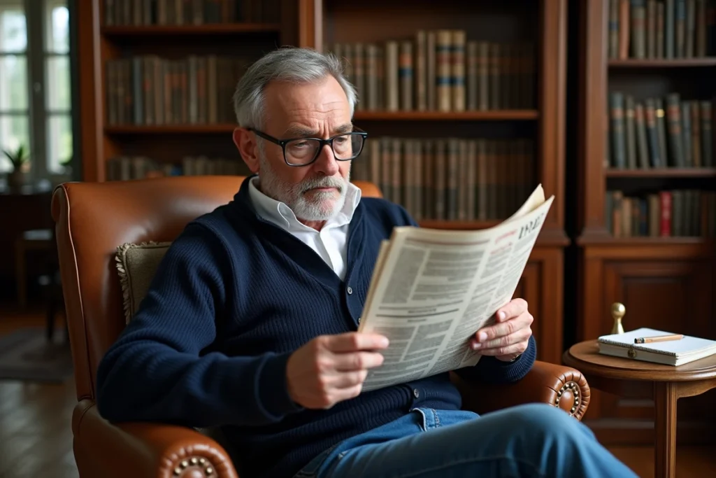 Homme aux cheveux poivre et sel résolvant des mots fléchés dans un journal dans une bibliothèque à domicile