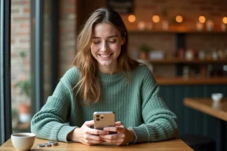 Jeune femme tenant un iPhone 16e dans un café, symbolisant l'usage quotidien d'un smartphone abordable sous iOS