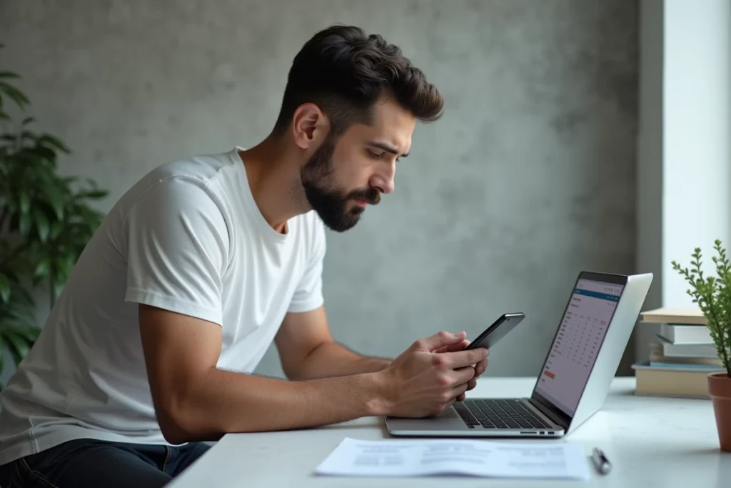 Homme comparant un iPhone 16e et un budget sur ordinateur portable dans un bureau minimaliste à domicile