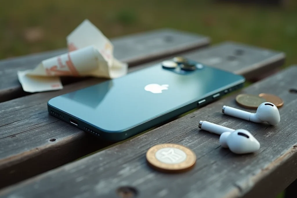 Flat lay d'un iPhone 16e posé sur du bois avec des pièces de monnaie et des écouteurs, illustrant le rapport qualité-prix sous iOS