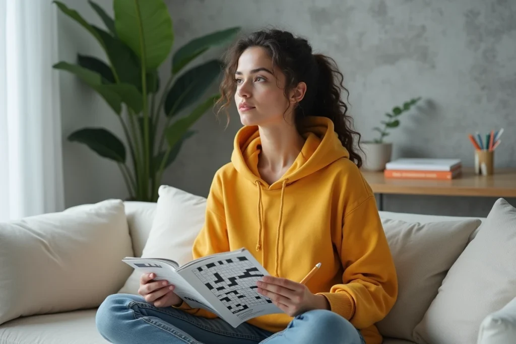 Jeune femme réfléchissant à la solution d'un mot fléché dans un magazine posé sur ses genoux dans un salon moderne