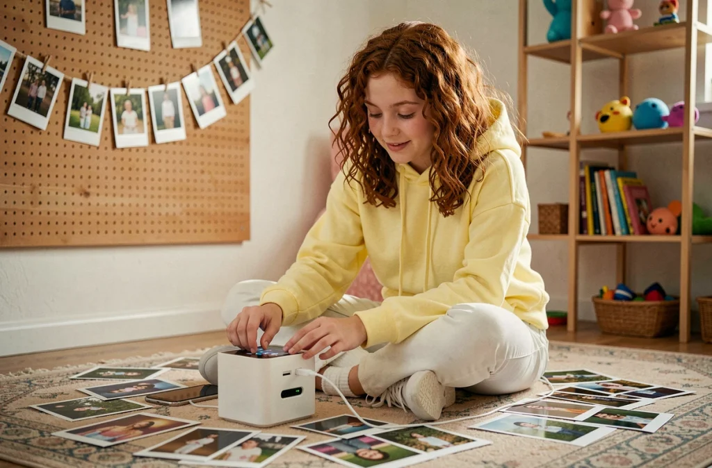 Adolescente imprimant des photos depuis son smartphone avec une mini imprimante photo portable dans sa chambre