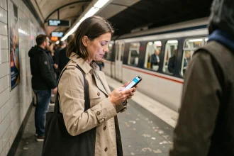 Femme consultant des alertes trafic RATP sur son smartphone dans le métro parisien