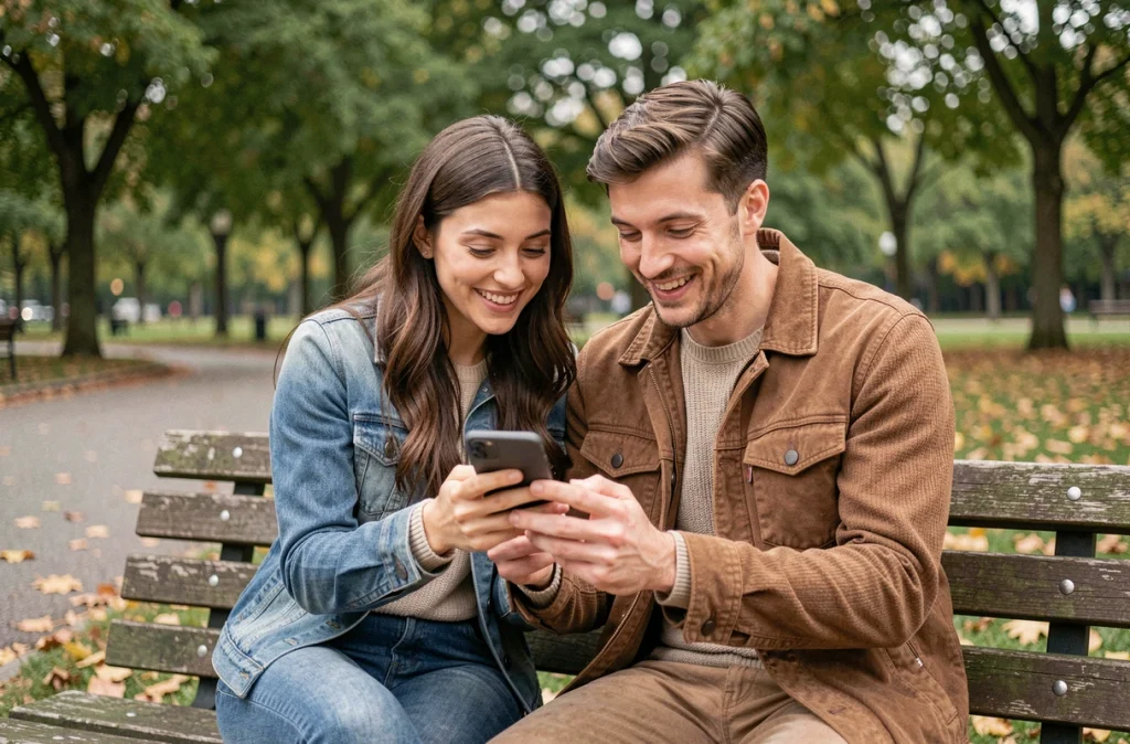 Deux amis consultant ensemble une application de chat gratuit sur un banc de parc en automne