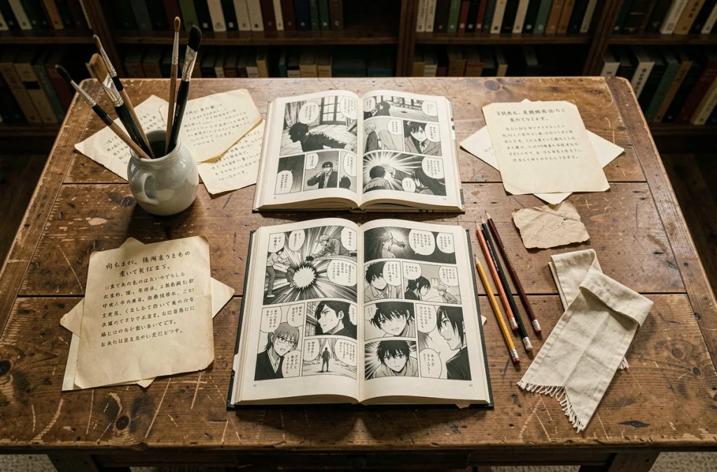 Mise en scène éditoriale de volumes manga Bleach ouverts avec notes manuscrites et outils de dessin sur une table de bibliothèque ancienne, illustrant l'analyse narrative du passé du personnage Hallibel selon Tite Kubo