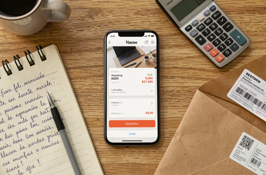 Téléphone affichant l'application Hacoo avec frais de livraison et notes manuscrites sur les délais de commande