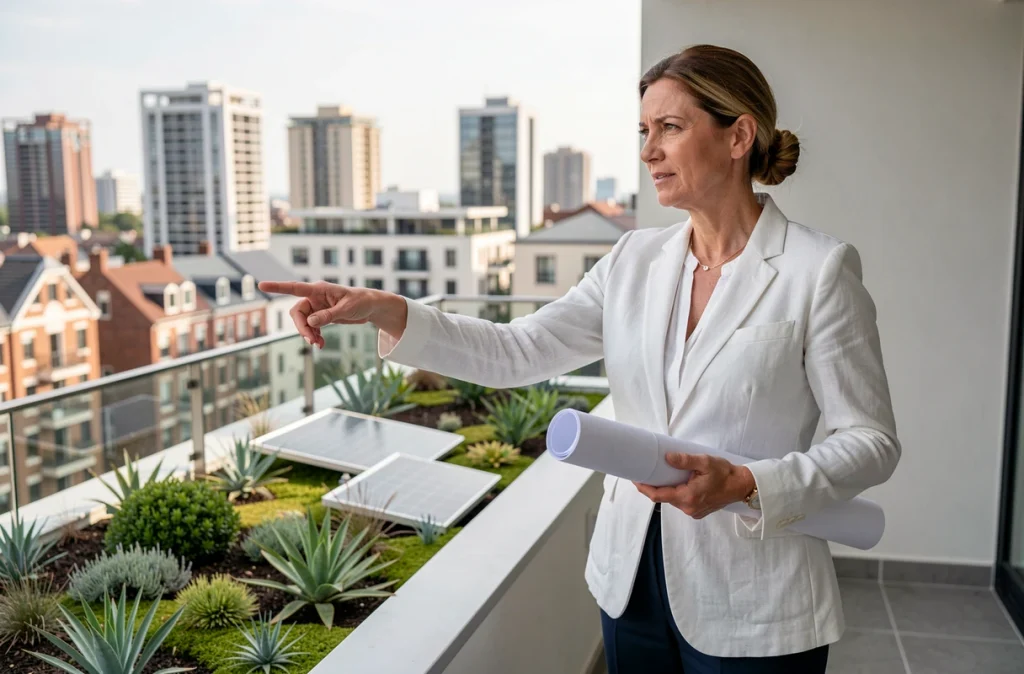 Architecte féminine sur une terrasse végétalisée d'un immeuble résidentiel bioclimatique moderne avec vue sur le quartier en transformation
