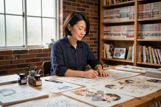 Artiste manga japonaise travaillant sur des esquisses de personnages dans un studio créatif authentique, évoquant le processus de création de Tite Kubo pour le personnage de Hallibel dans Bleach