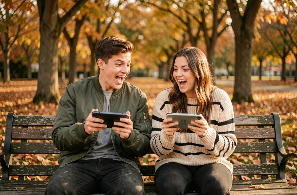 Deux amis jouant en coopération à Pokémon Écarlate et Violet en mode Aventure Ensemble sur un banc de parc en automne