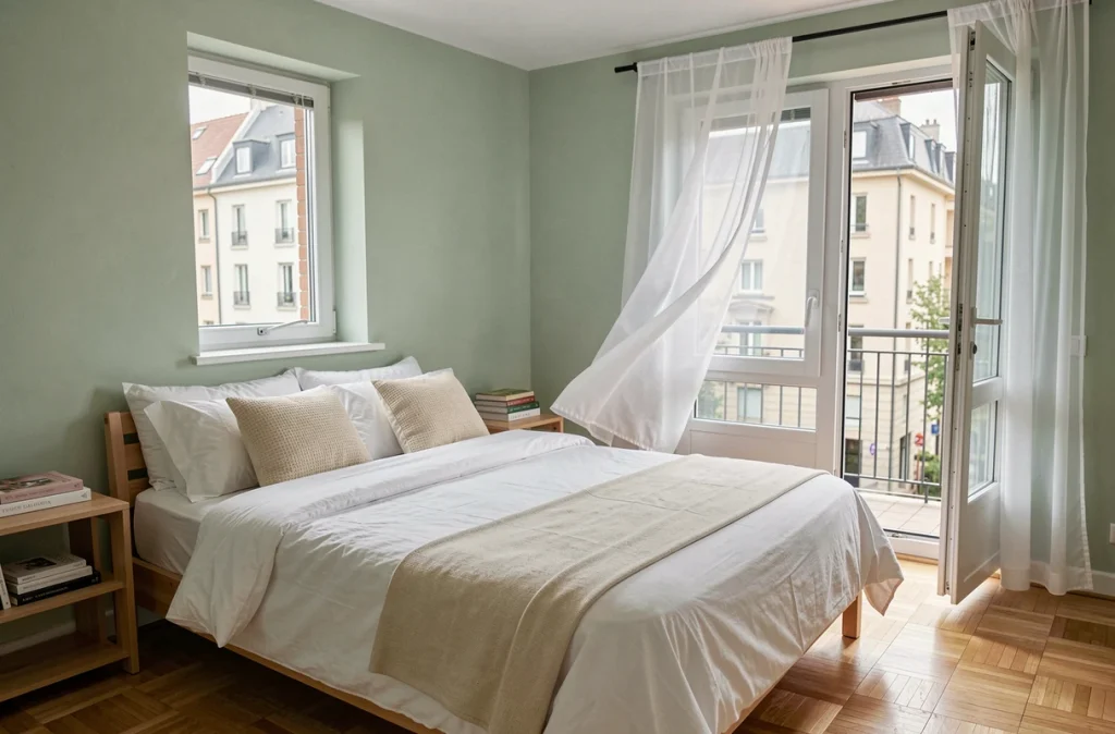 Chambre d'un appartement traversant avec fenêtre côté rue et porte-fenêtre sur balcon intérieur favorisant la ventilation naturelle et le confort