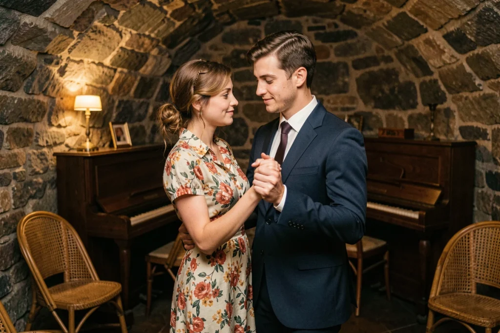 Couple dansant dans une cave jazz parisienne des années 60, ambiance romantique et feutrée de la chanson française