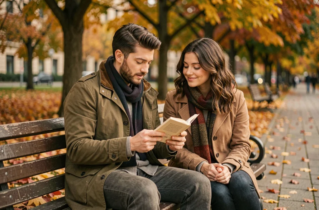 Couple romantique lisant un recueil de poèmes d'amour ensemble sur un banc dans un parc en automne
