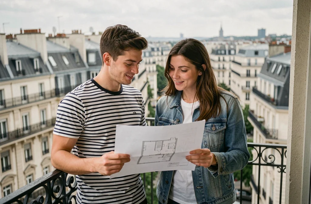 Couple de jeunes locataires examinant un plan d'appartement sur un balcon avec vue sur les toits de la ville