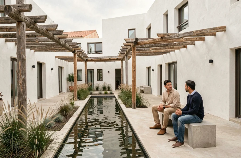 Cour intérieure d'un ensemble résidentiel contemporain mêlant minimalisme scandinave et matériaux locaux avec pergola en bois et bassin réfléchissant