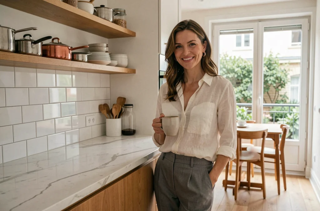 Femme dans la cuisine d'un appartement traversant avec vue sur cour intérieure verdoyante apportant confort et fraîcheur au quotidien