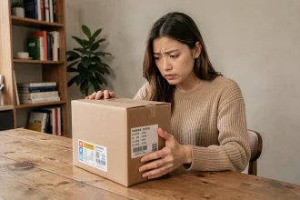 Femme déballant un colis d'un site e-commerce asiatique comme Hacoo dans un appartement français