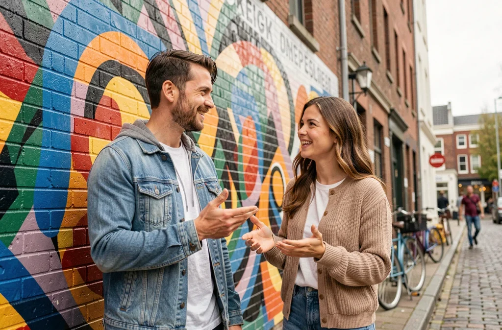 Deux personnes discutant d'une fresque murale abstraite dans un quartier urbain culturel