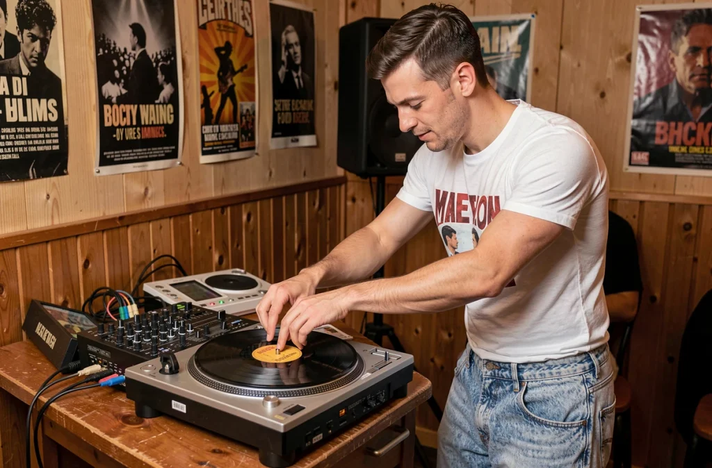 DJ masculin mixant sur platines vinyle dans une salle intimiste avec décoration rétro années 90
