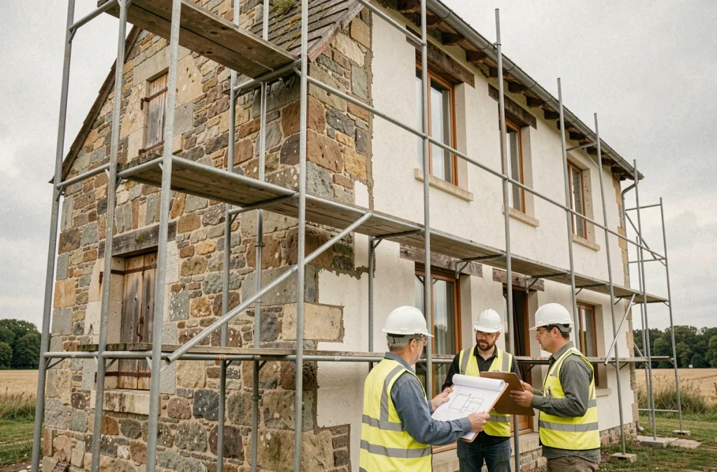Façade extérieure d'une ancienne grange en pierre en cours de rénovation avec échafaudage et nouvelles fenêtres en bois