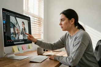 Femme analysant une capture d'écran vidéo sur son ordinateur dans un bureau à domicile