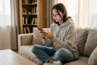 Jeune femme utilisant une application de chat gratuit sur son smartphone depuis son canapé
