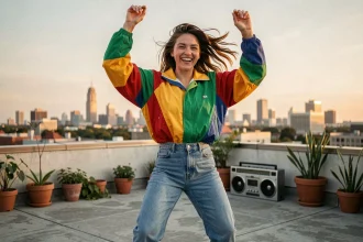 Femme dansant sur un rooftop avec une veste windbreaker colorée années 90, ambiance festive au coucher du soleil