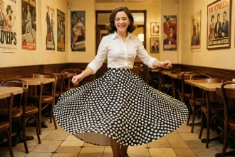 Femme dansant le twist dans un café parisien rétro des années 60, jupe à pois noirs et blancs, ambiance nostalgique
