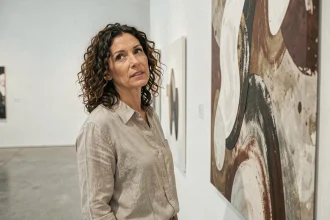 Femme contemplant une peinture abstraite dans une galerie d'art contemporaine minimaliste