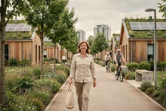 Femme se promenant dans un écoquartier urbain avec végétation et bâtiments à toits verts