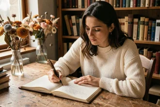 Jeune femme écrivant un poème d'amour dans un journal intime avec une plume vintage dans un bureau cosy