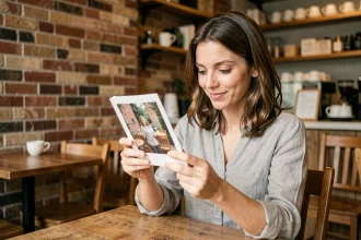 Femme tenant une imprimante photo portable dans un café et admirant une photo imprimée instantanément
