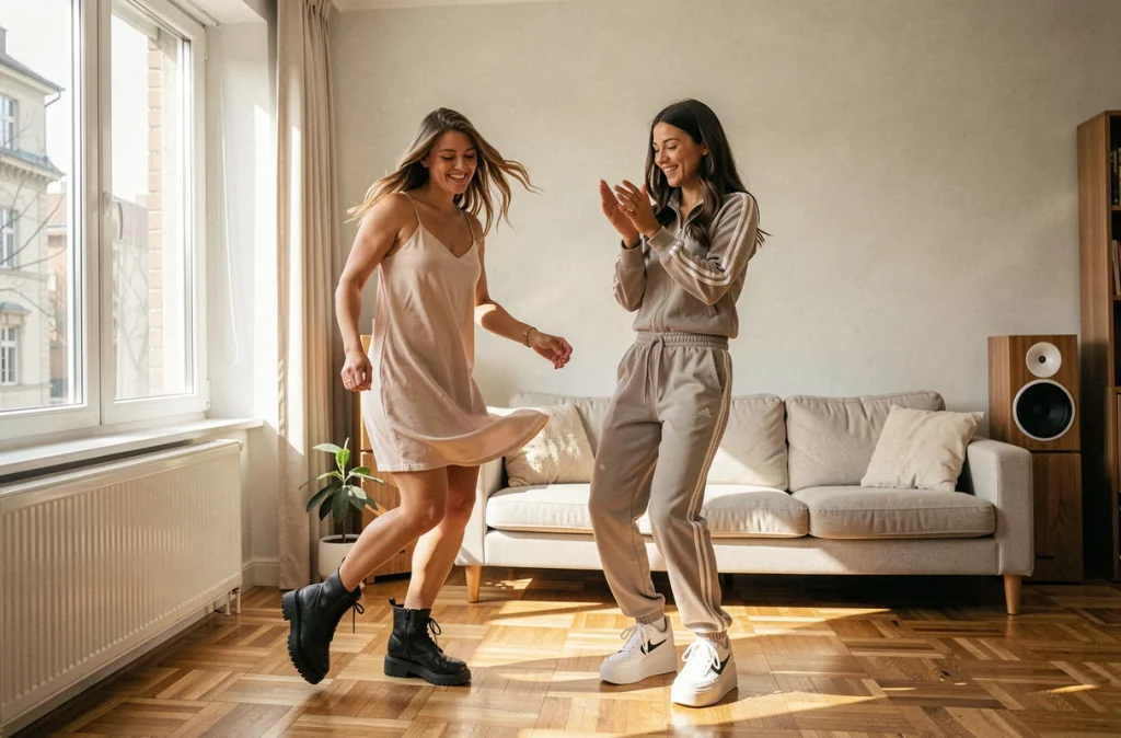 Deux femmes dansant dans un salon lumineux avec tenue mêlant style années 90 et mode contemporaine 2026