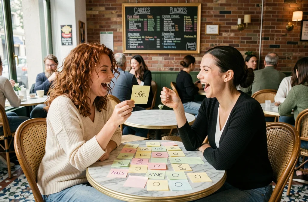Deux femmes riant autour de notes humoristiques avec des rimes en o dans un café parisien