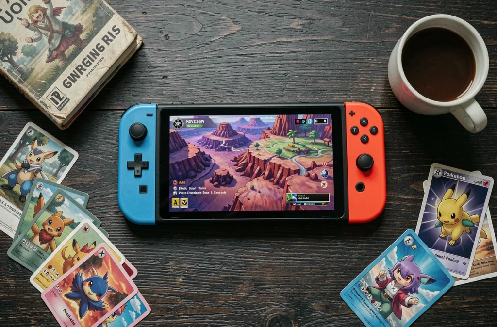 Flat-lay éditorial d'une Nintendo Switch affichant la carte du monde ouvert de Pokémon Écarlate et Violet entourée de cartes Pokémon