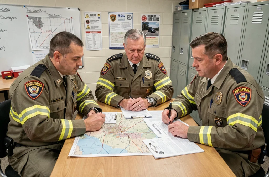 Équipe de pompiers de différents grades en réunion de briefing tactique dans une caserne