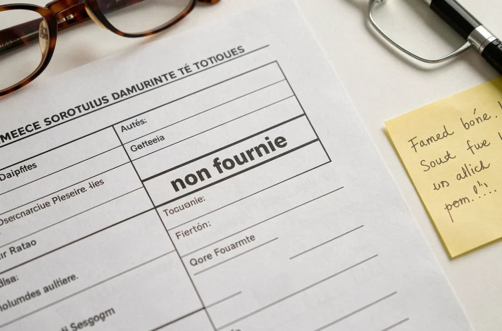 Gros plan sur la mention non fournie dans un formulaire administratif officiel posé sur un bureau blanc