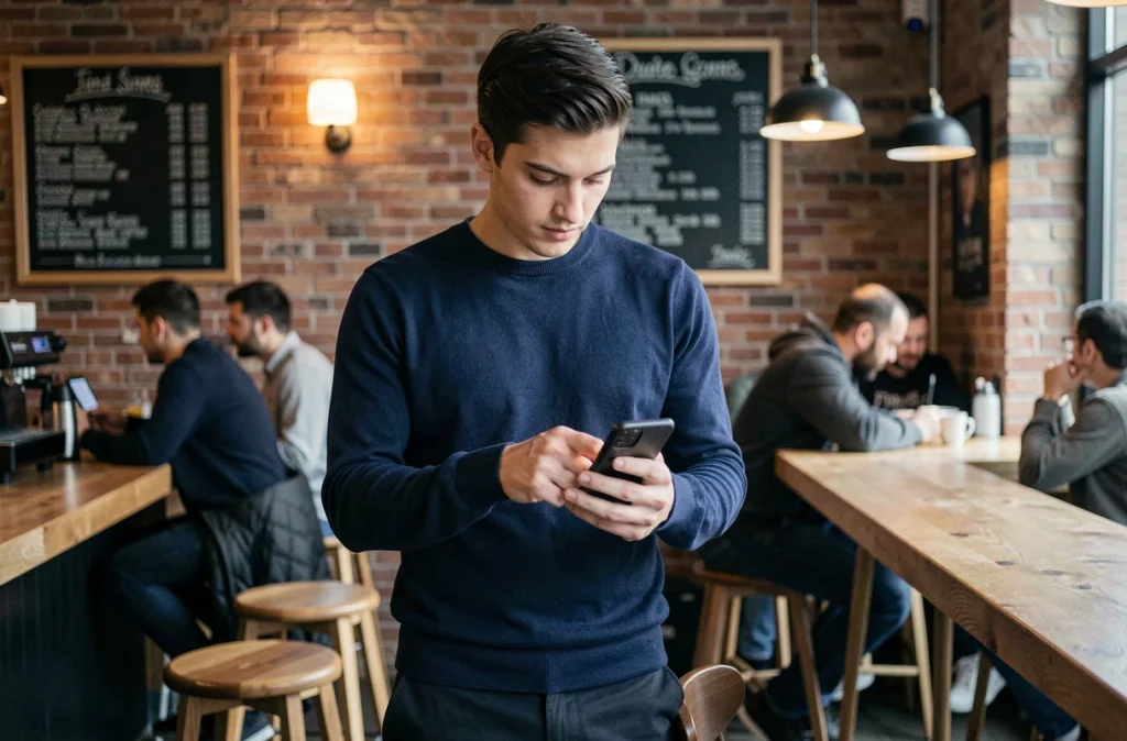 Jeune homme envoyant un message via une application de chat mobile dans un café urbain