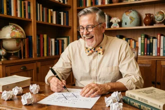 Homme drôle avec nœud papillon écrivant des rimes humoristiques en o à son bureau vintage encombré de dictionnaires