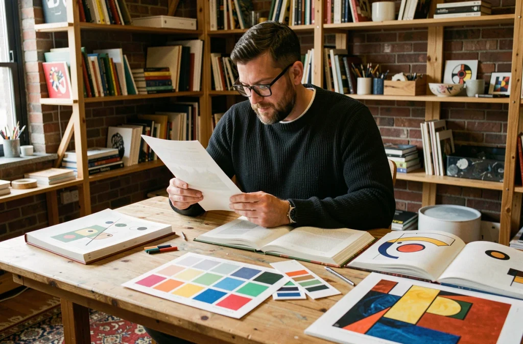 Homme étudiant des reproductions d'art abstrait dans un studio créatif chaleureux