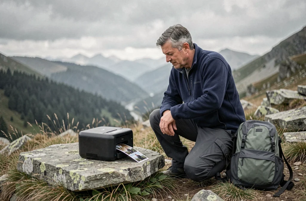 Homme utilisant une imprimante photo portable en plein air en montagne pour imprimer ses photos de randonnée
