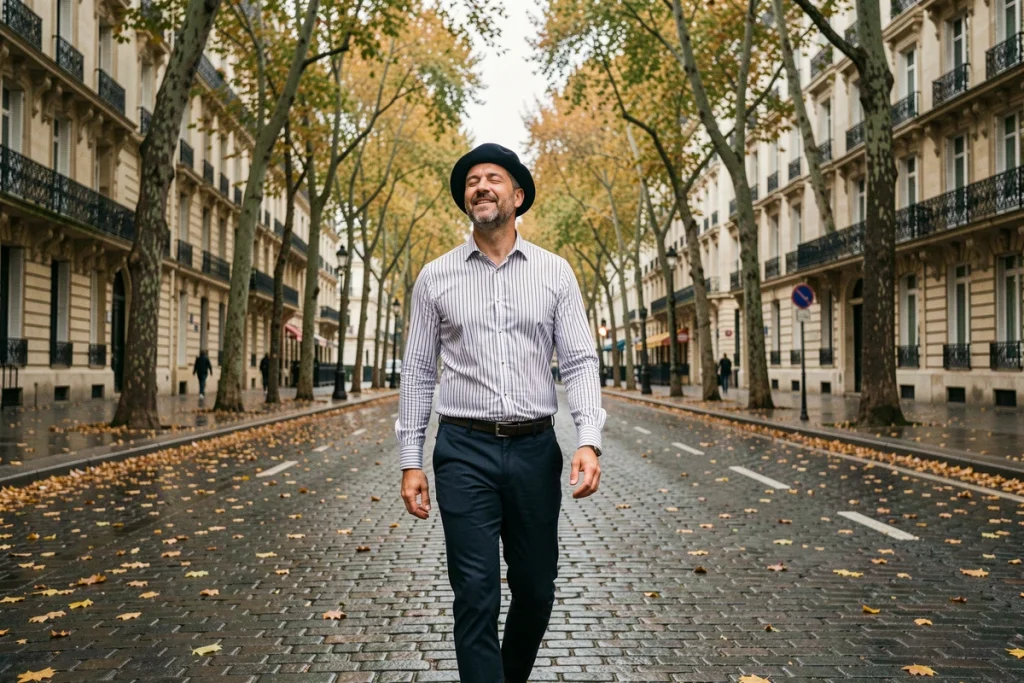 Homme en marinière et béret se promenant sur un boulevard parisien pavé en automne, évoquant la chanson française des années 60