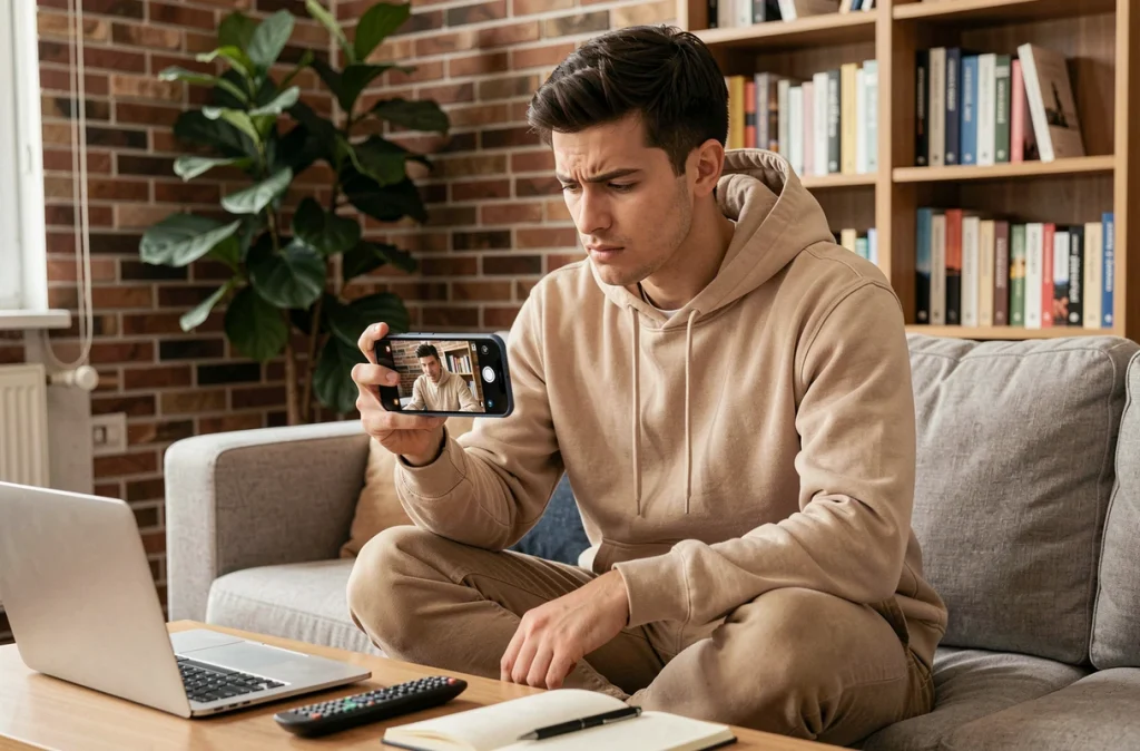 Jeune homme consultant une capture de vidéo sur smartphone dans son salon