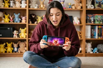 Jeune femme jouant à Pokémon Écarlate et Violet sur Nintendo Switch dans une chambre de gamer décorée de figurines Pokémon