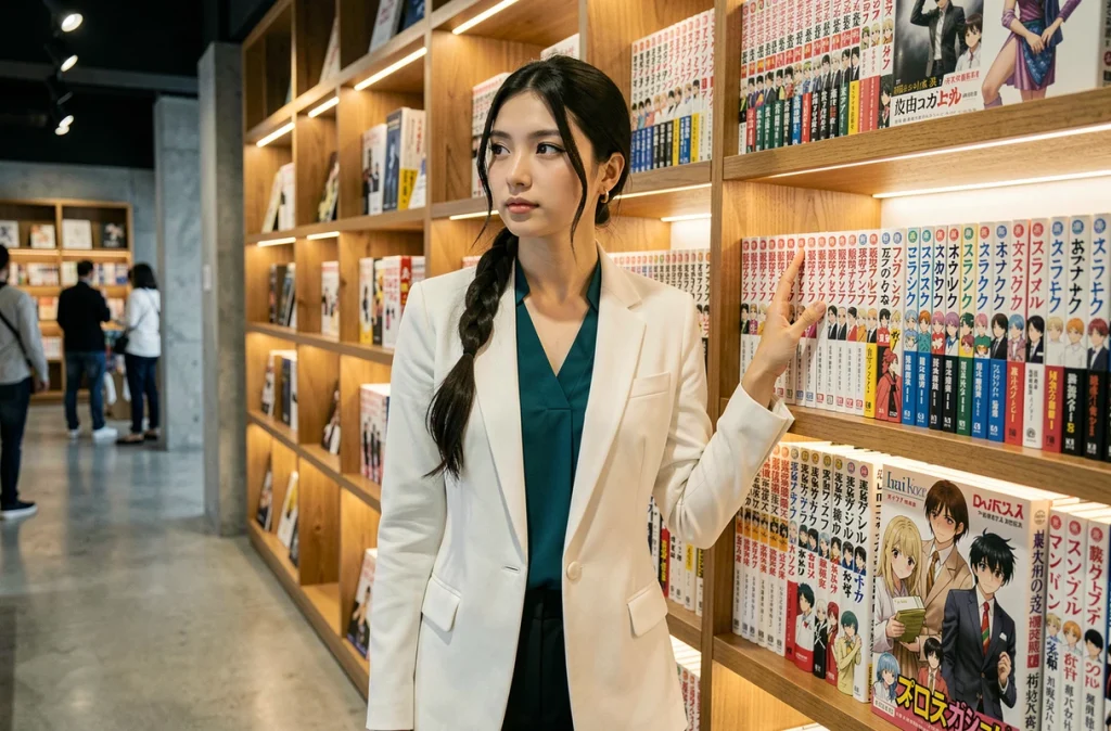 Jeune femme pensive devant une étagère de mangas dans une librairie culturelle moderne, symbolisant la réflexion des lecteurs sur la profondeur narrative du personnage Hallibel dans l'œuvre de Tite Kubo