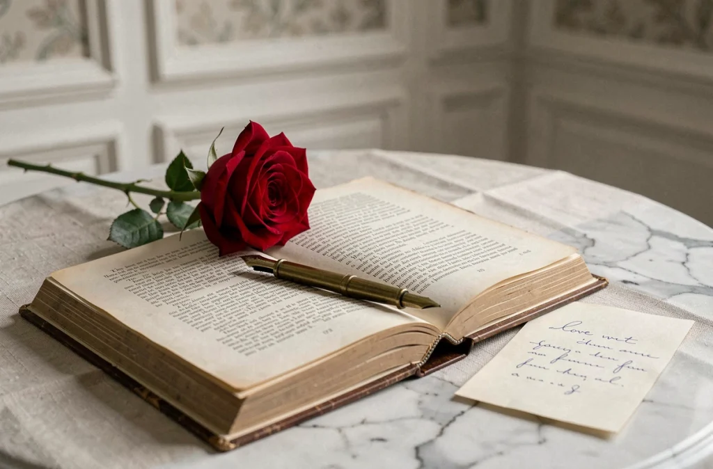 Livre de poèmes d'amour ouvert avec une rose rouge et une lettre manuscrite sur une table en marbre élégante